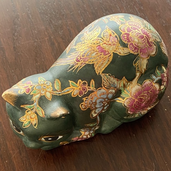 Fitz And Floyd Takahashi Style Cat Figurine Cloisonne Painted Green Flowers 4” - Picture 2 of 8